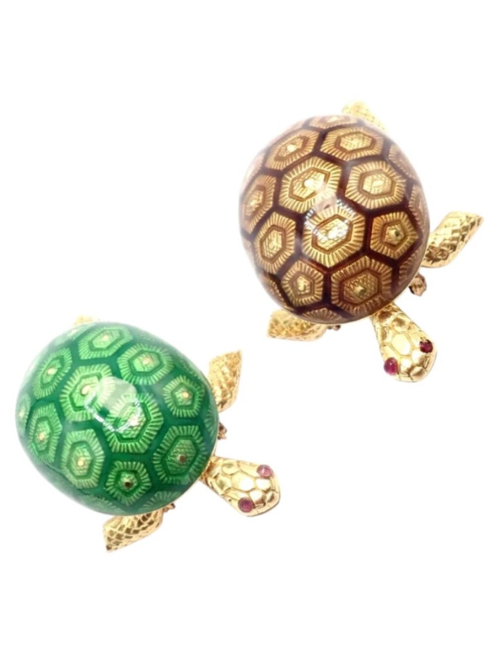 Vintage! Boucheron France 18k Yellow Gold Enamel Set Of Two Turtle Brooches